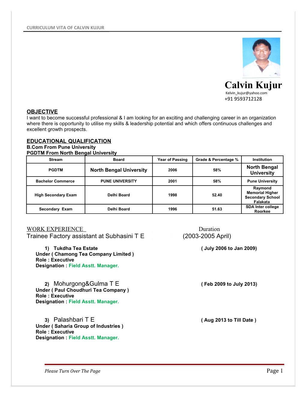 Curriculum Vita of CALVIN KUJUR