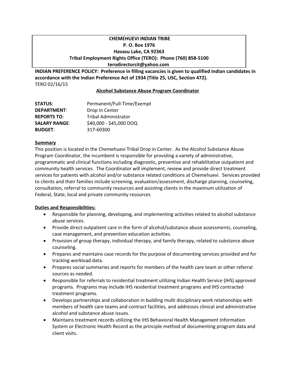 Alcohol Substance Abuse Program Coordinator