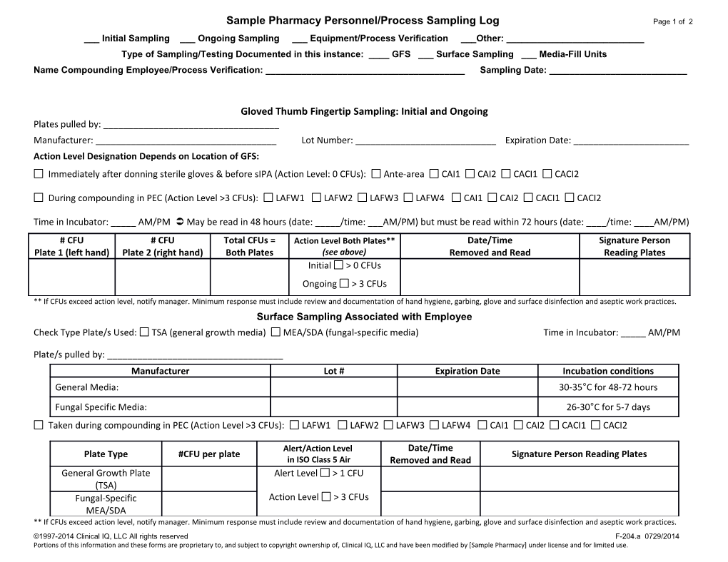 Sample Pharmacy Personnel/Processsampling Log Page 2 of 2