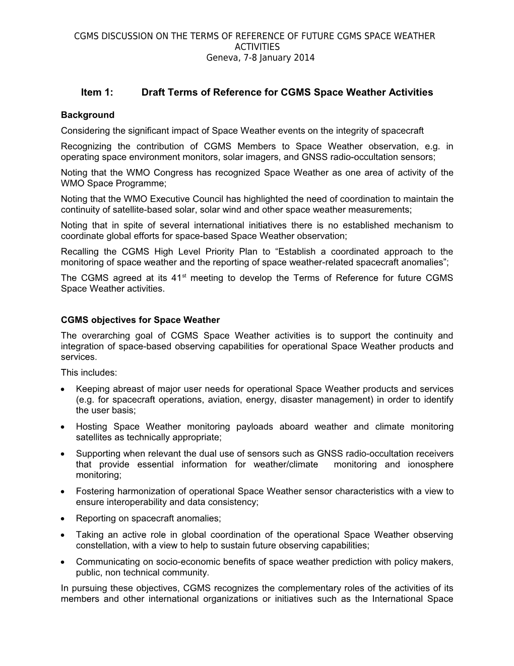 Item 1:Draft Terms of Reference for CGMS Space Weather Activities