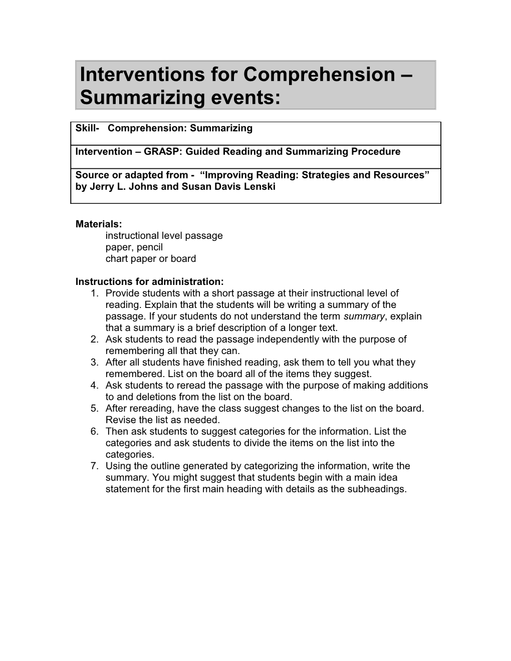 Interventions for Comprehension Summarizing Events