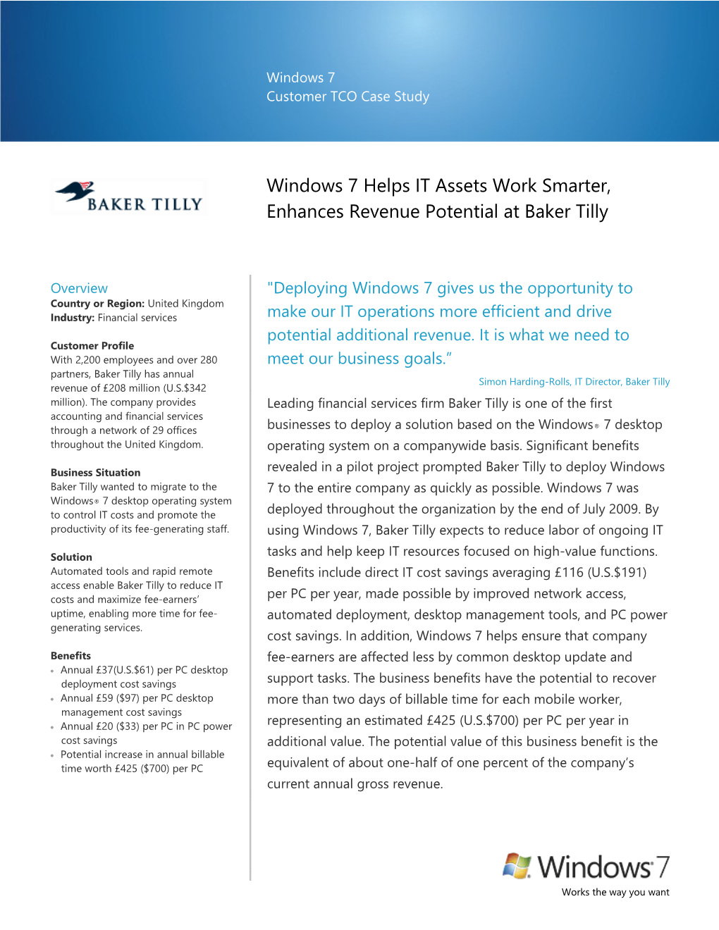 Windows 7 Helps IT Assets Work Smarter, Enhances Revenue Potential at Baker Tilly