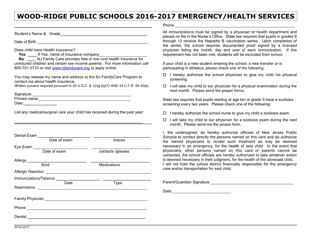 Wood-Ridge Public Schools 2016-2017 EMERGENCY/Health Services