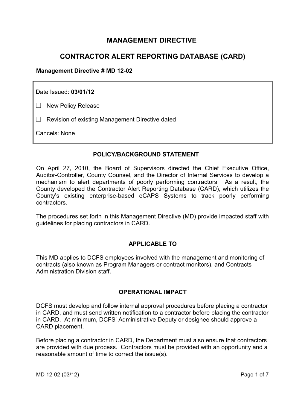MD 12-02, Contractor Alert Reporting Database (CARD)