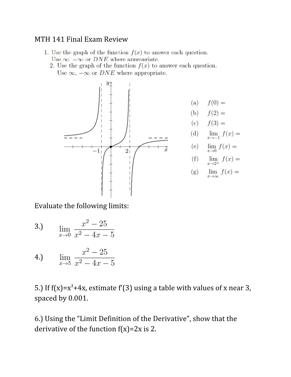 MTH 141 Final Exam Review