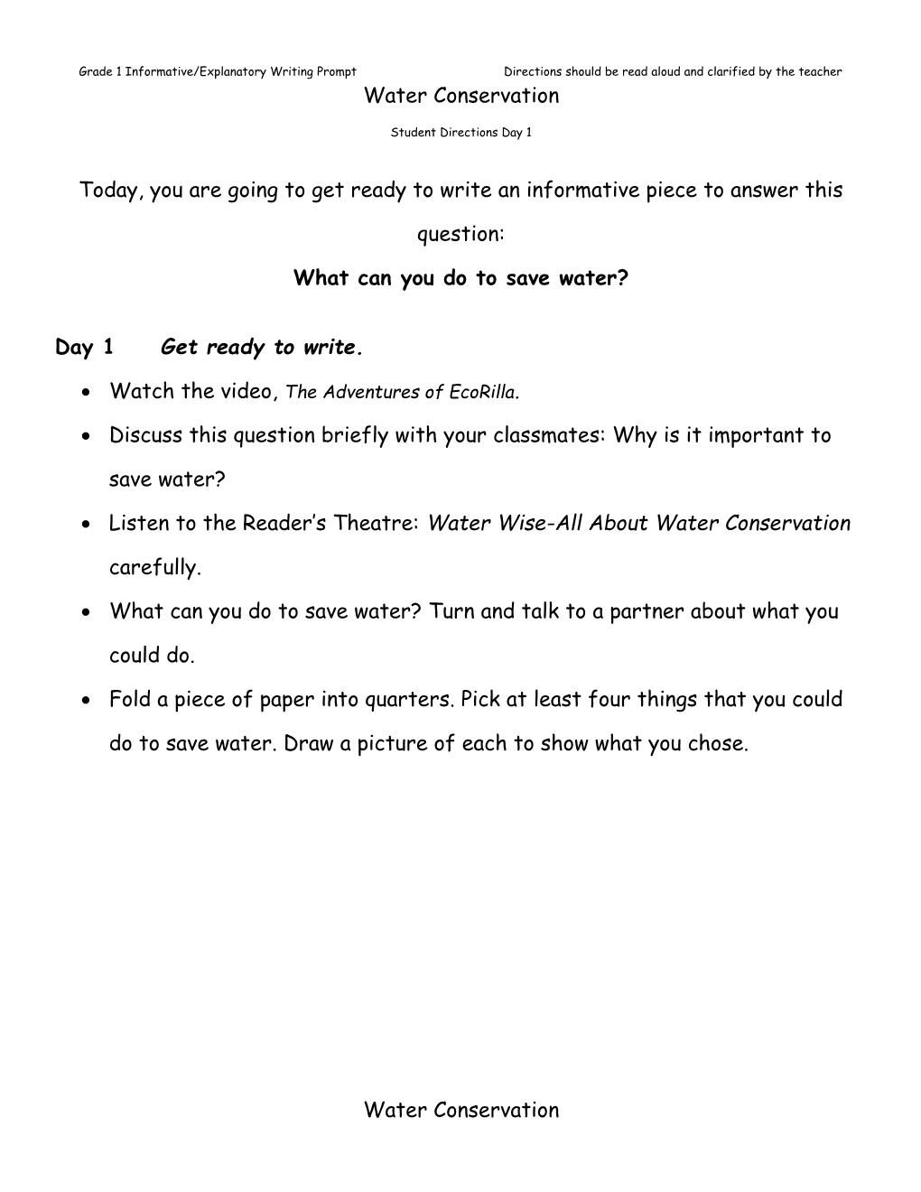 Grade 1 Informative/Explanatory Writing Prompt Directions Should Be Read Aloud and Clarified