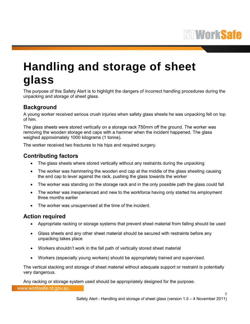 Safety Alert - Handling and Storage of Sheet Glass