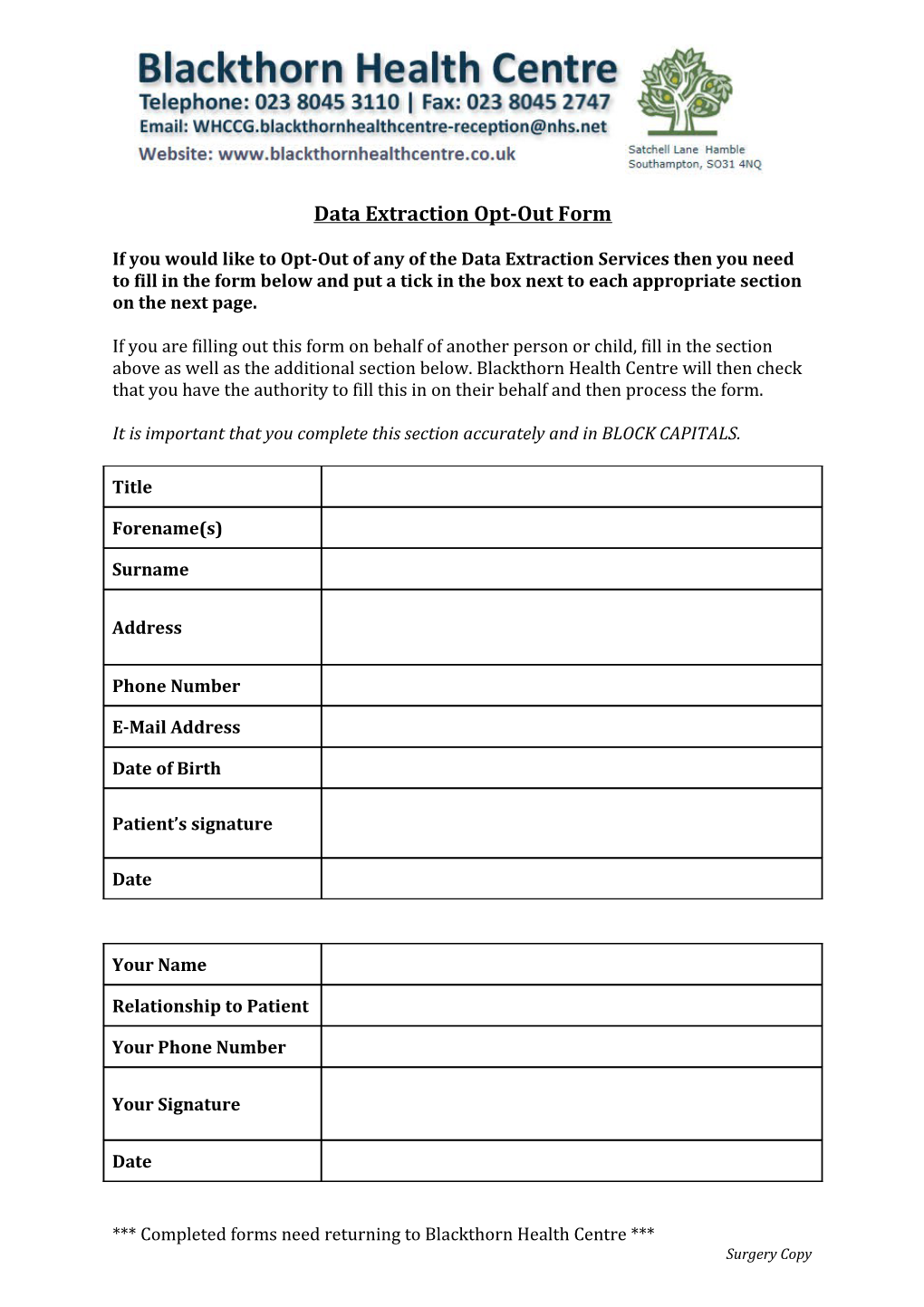 Data Extraction Opt-Out Form