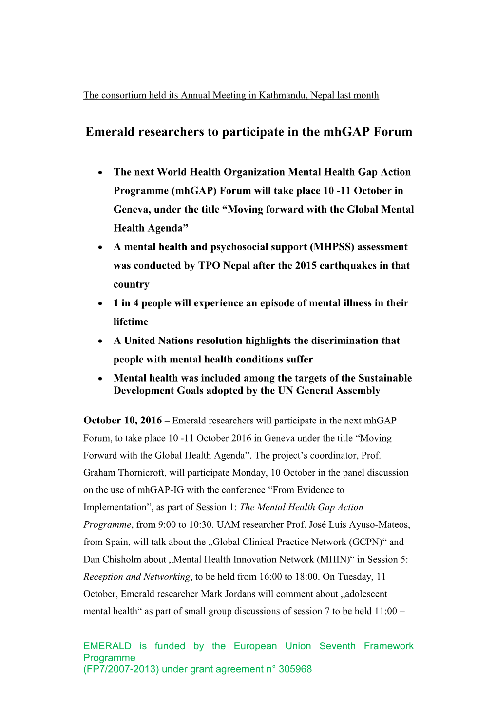 Emerald Researchers to Participate in the Mhgap Forum