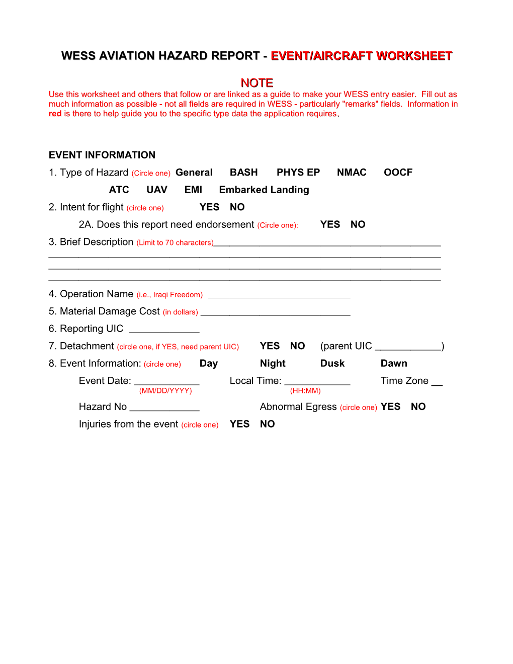 Wess Aviation Hazard Report Worksheet