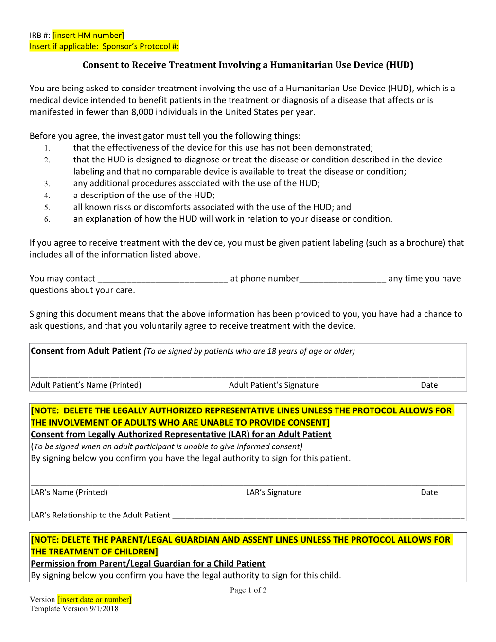 Consent to Receive Treatment Involving a Humanitarian Use Device (HUD)