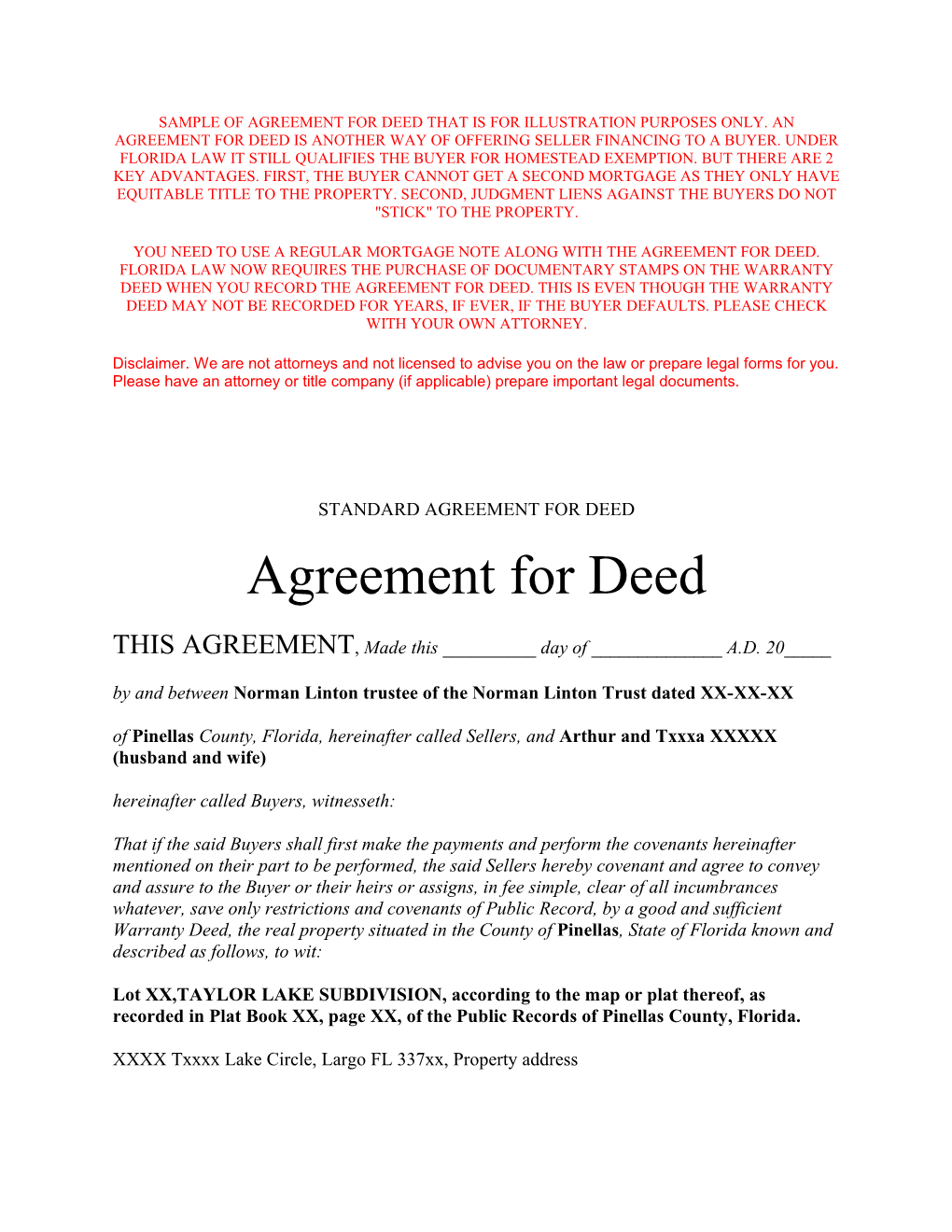 Standard Agreement for Deed