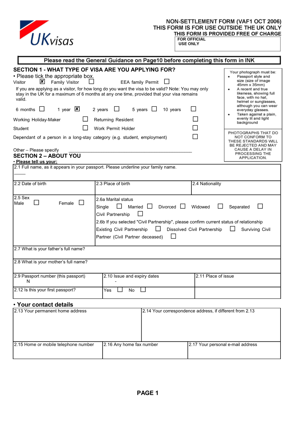 Section 1 - What Type of Visa Are You Applying For?