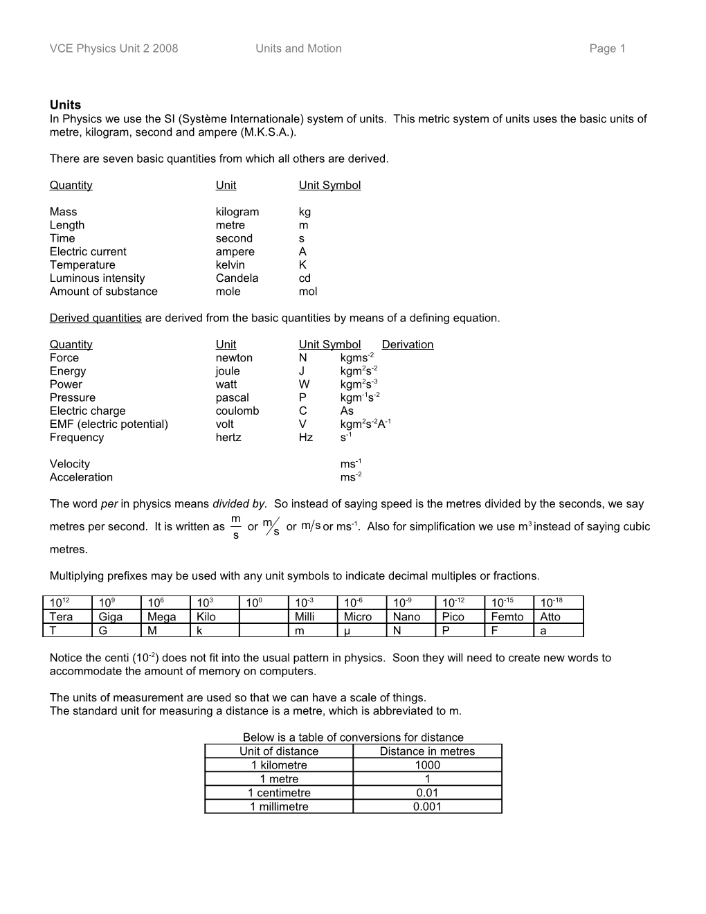 VCE Physics Unit 2 2008Units and Motionpage 1