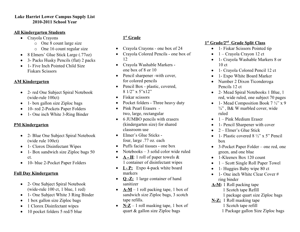 Lake Harriet Lower Campus Supply List