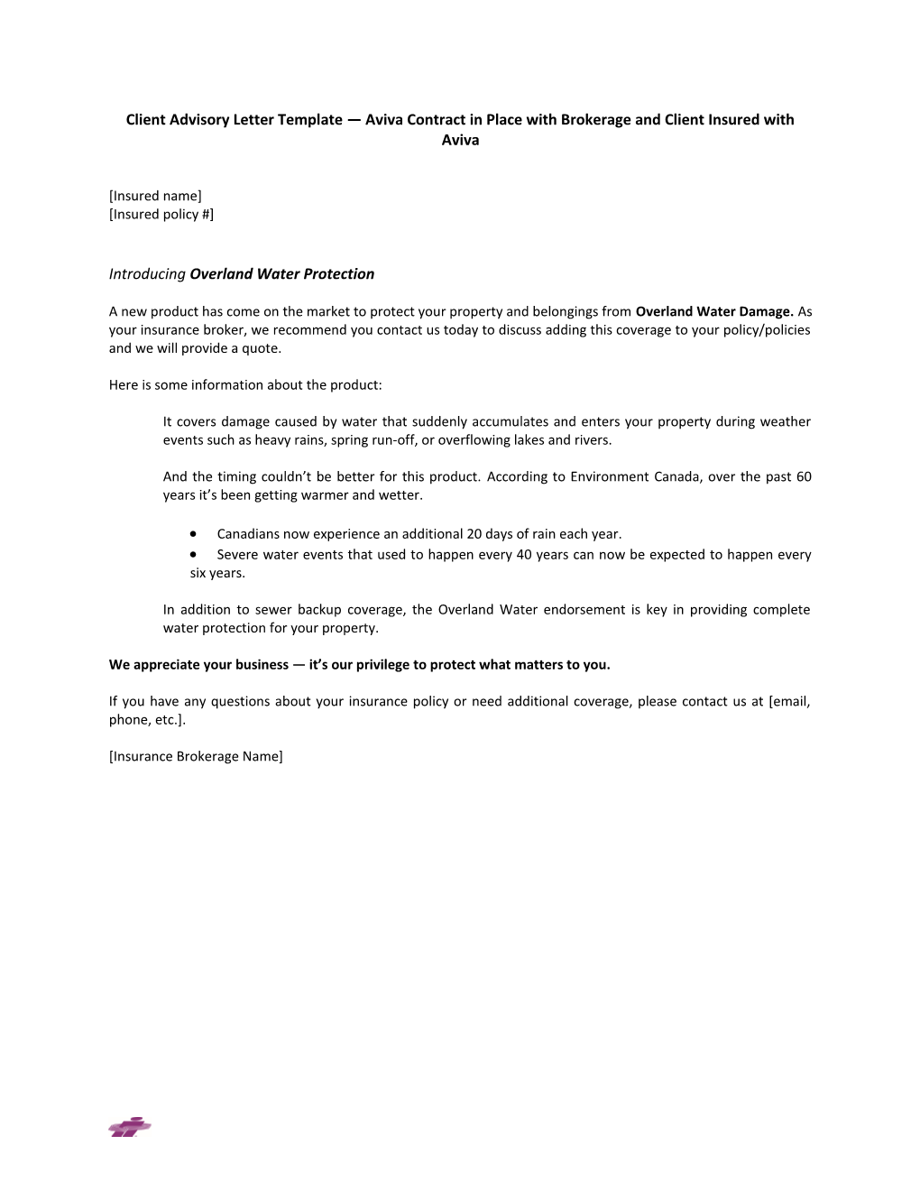 Client Advisory Letter Template Aviva Contract in Place with Brokerage and Client Insured