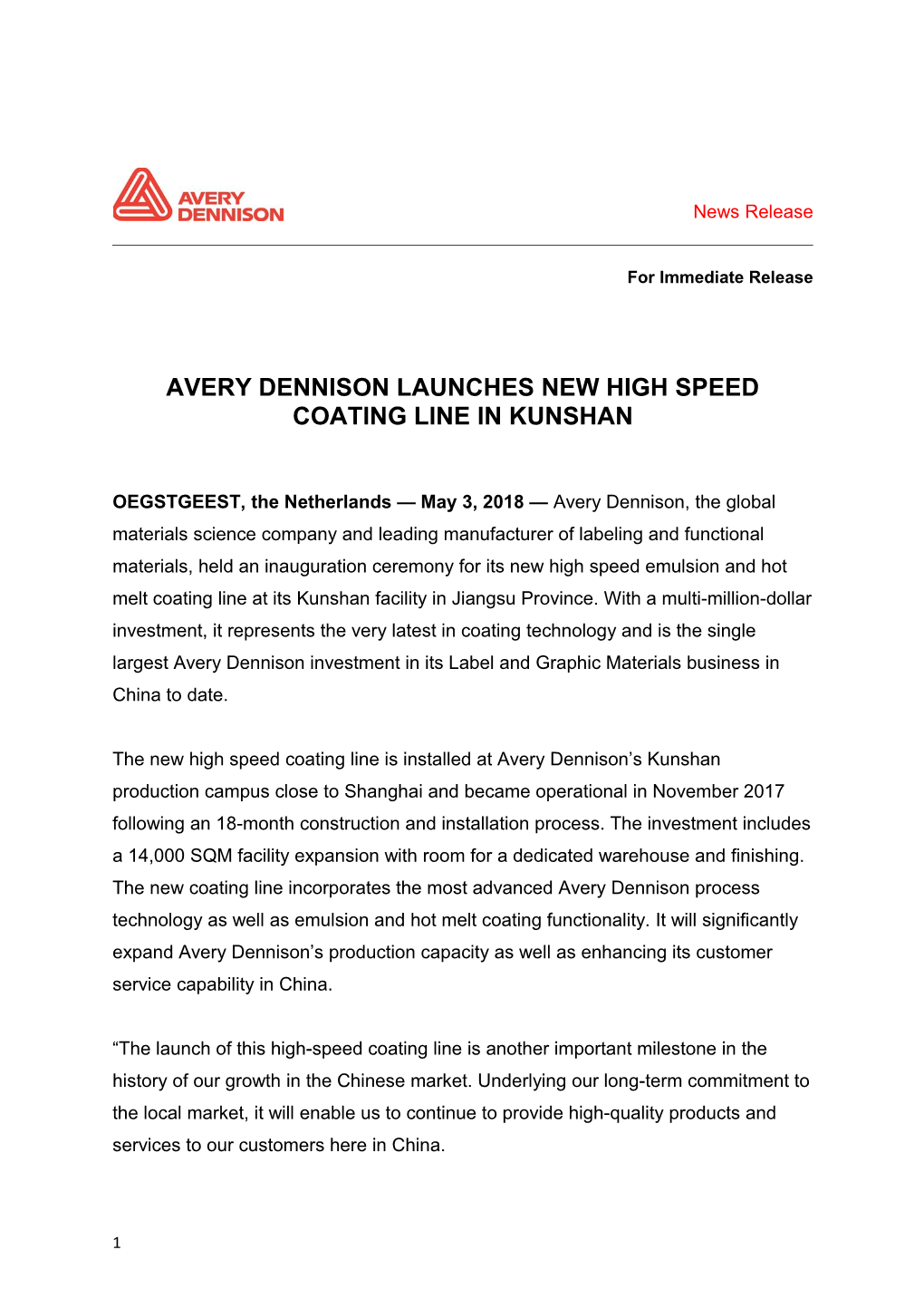 Avery Dennison Launches New High Speed Coating Line in Kunshan