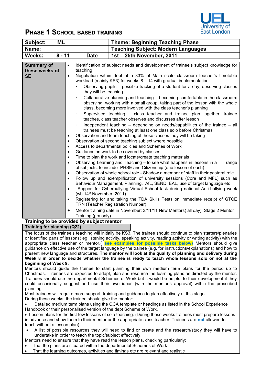 Phase 1 School Based Training