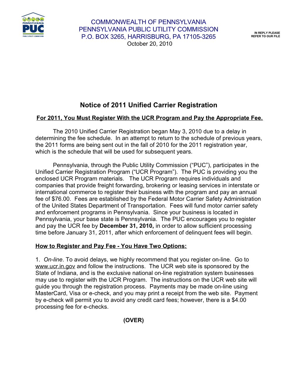 For 2011, You Must Register with the UCR Program and Pay the Appropriate Fee