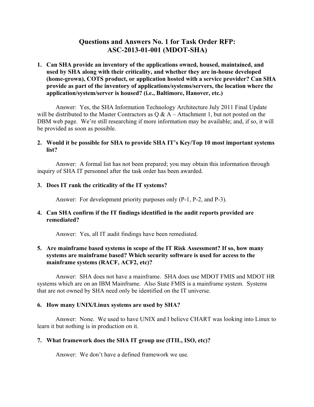 Questions and Answers No. 1 for Task Order RFP