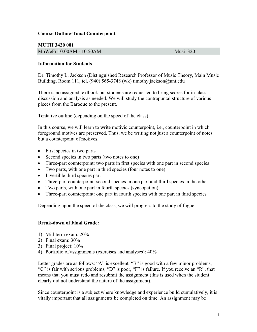 Course Outline-Tonal Counterpoint (MUTH 3420) Summer 2002