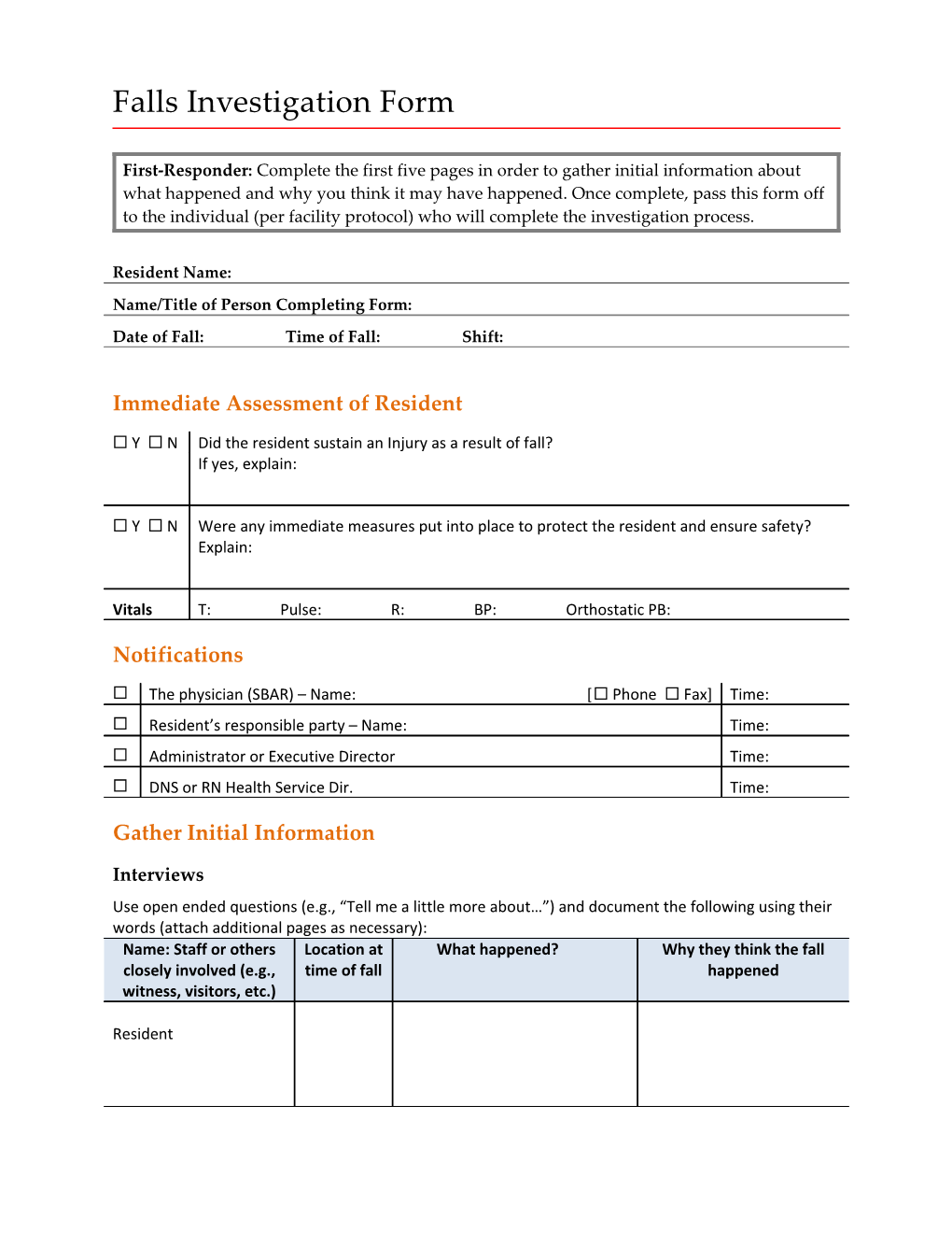 Falls Investigation Guide Toolkit: Falls Investigation Form