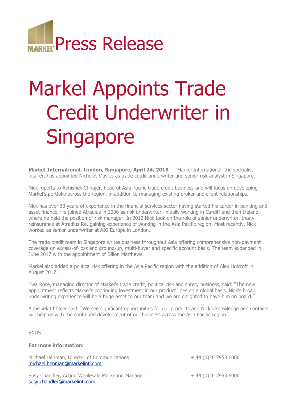 Markel Appoints Trade Credit Underwriter in Singapore