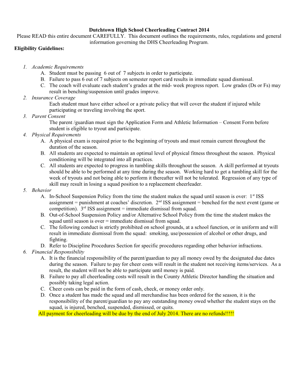 Union Grove Middle School Competition Cheerleading Contract 2008 2009