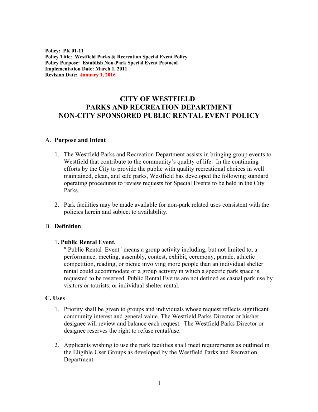 Policy Title: Westfield Parks & Recreation Special Event Policy