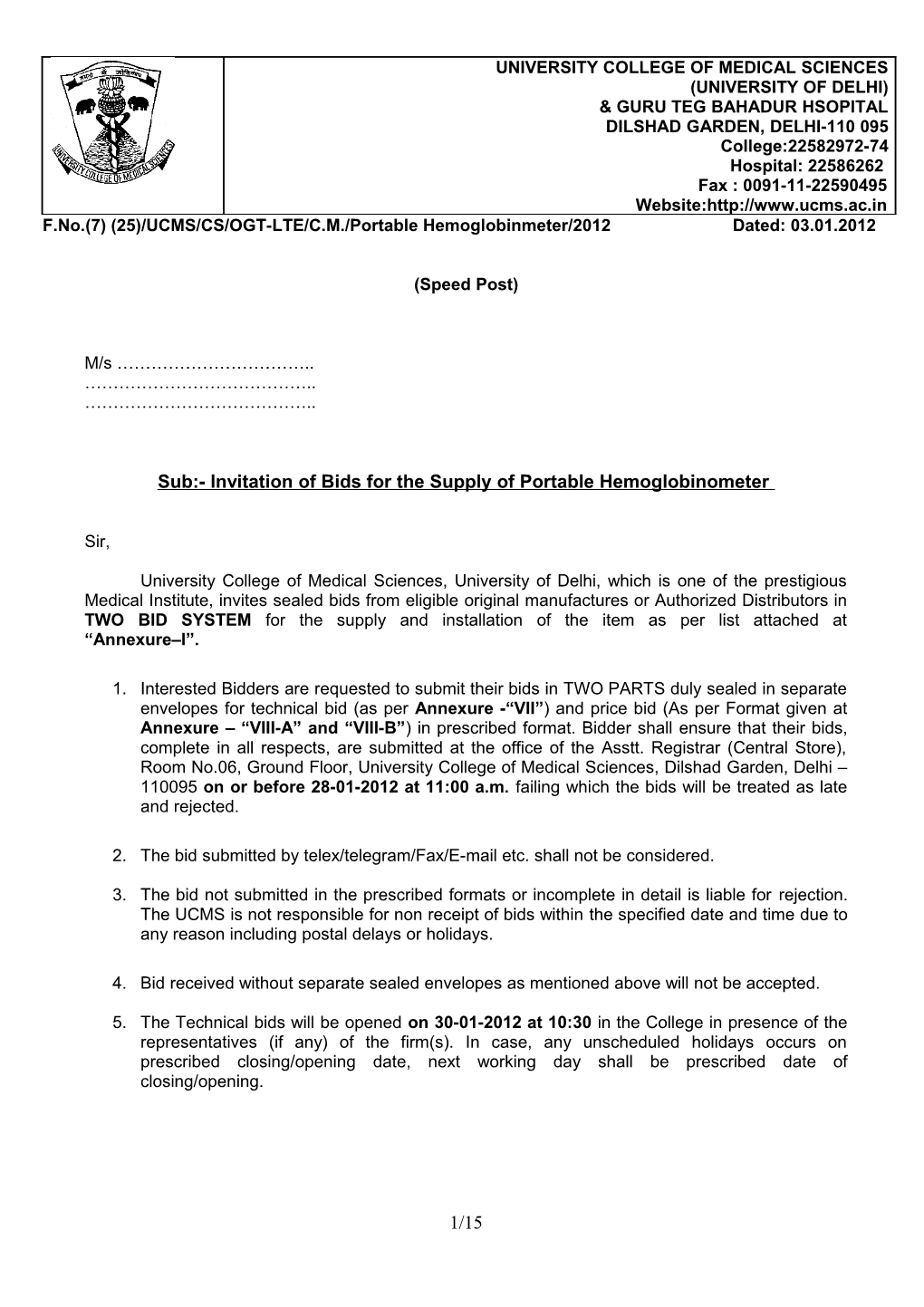 F.No.(7) (25)/UCMS/CS/OGT-LTE/C.M./Portable Hemoglobinmeter/2012 Dated: 03.01.2012