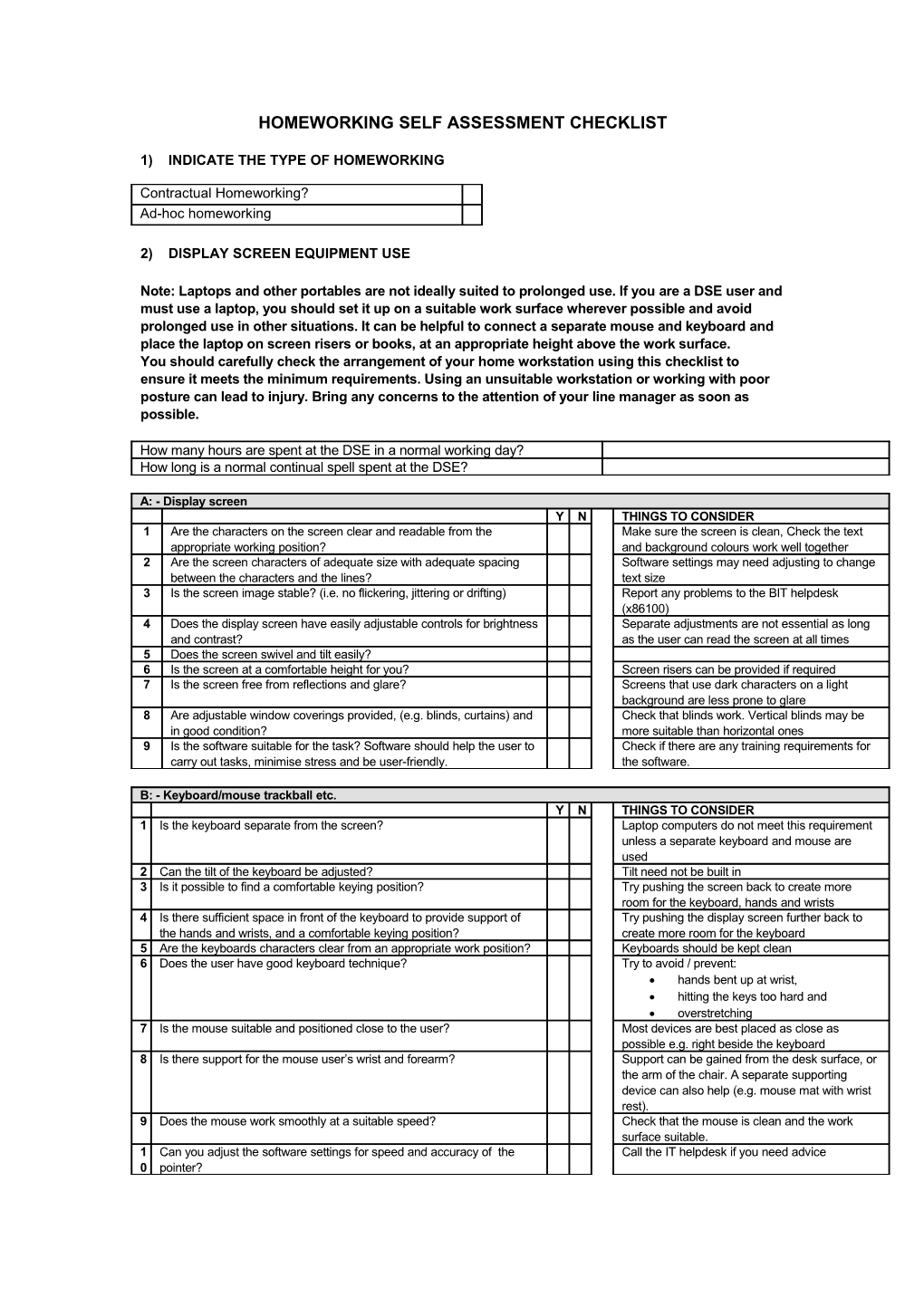 Homeworking Self Assessment Checklist