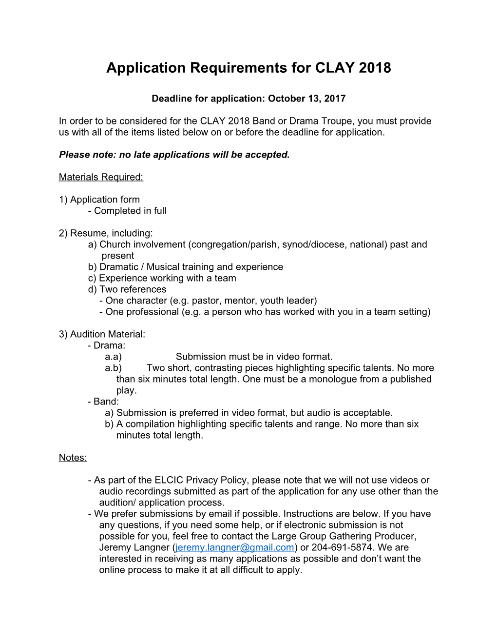 Application Requirements for CLAY 2018