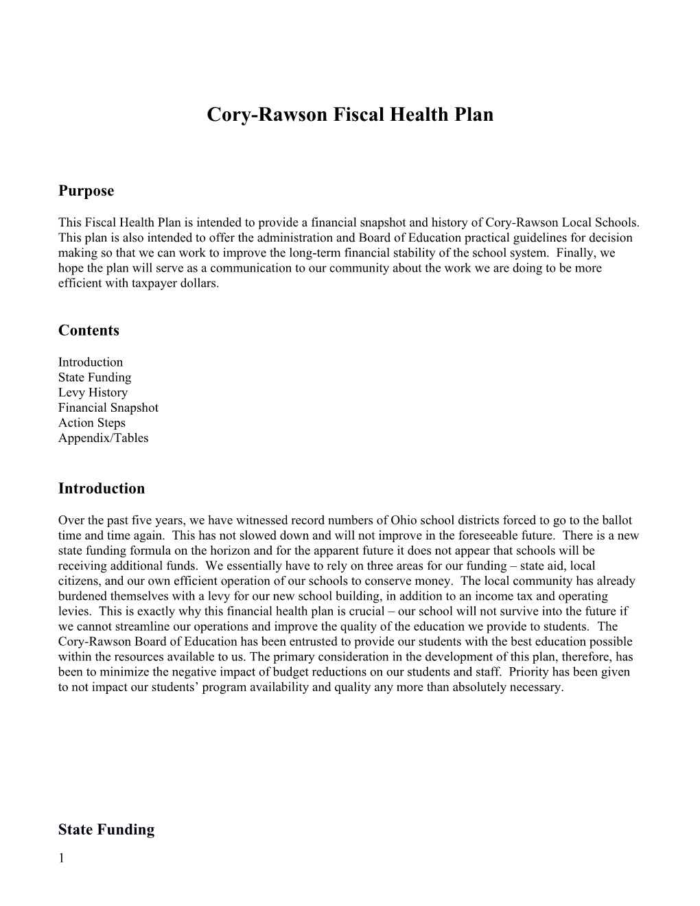 Cory-Rawson Fiscal Health Plan