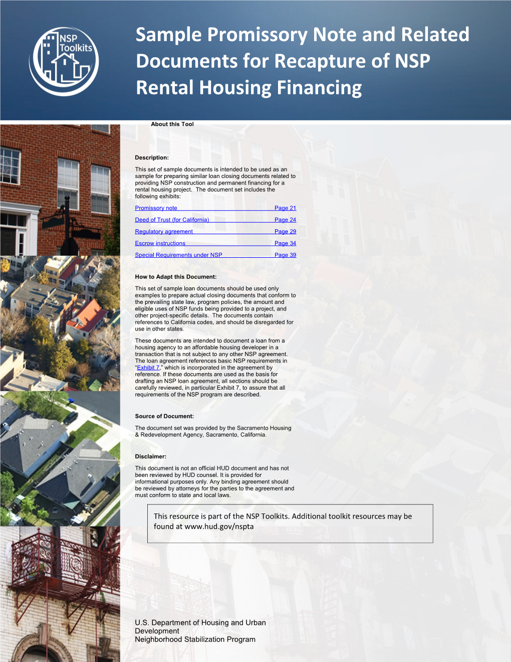 Sample Promissory Note and Related Documents for Recapture of NSP Rental Housing Financing