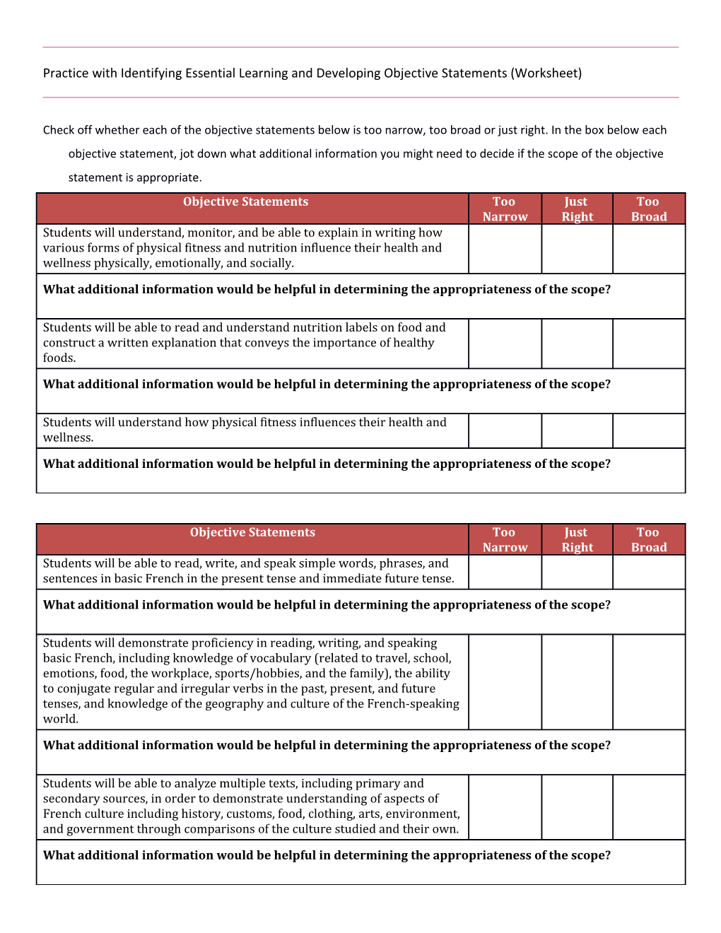 Practice with Identifying Essential Learning and Developing Objective Statements (Worksheet)