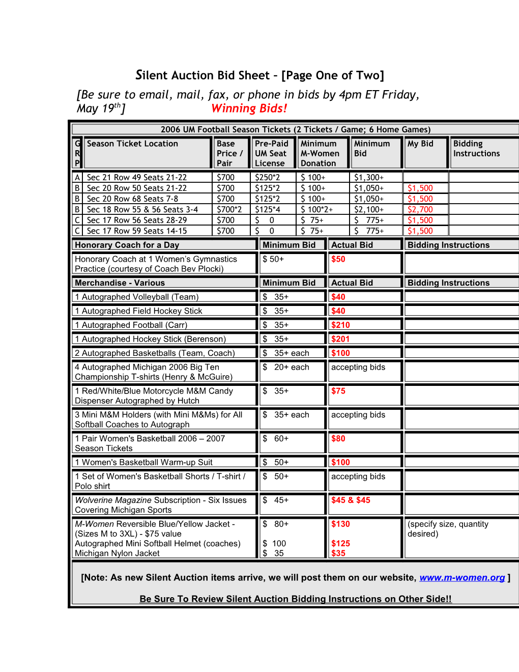 Silent Auction Bid Sheet Page One of Two