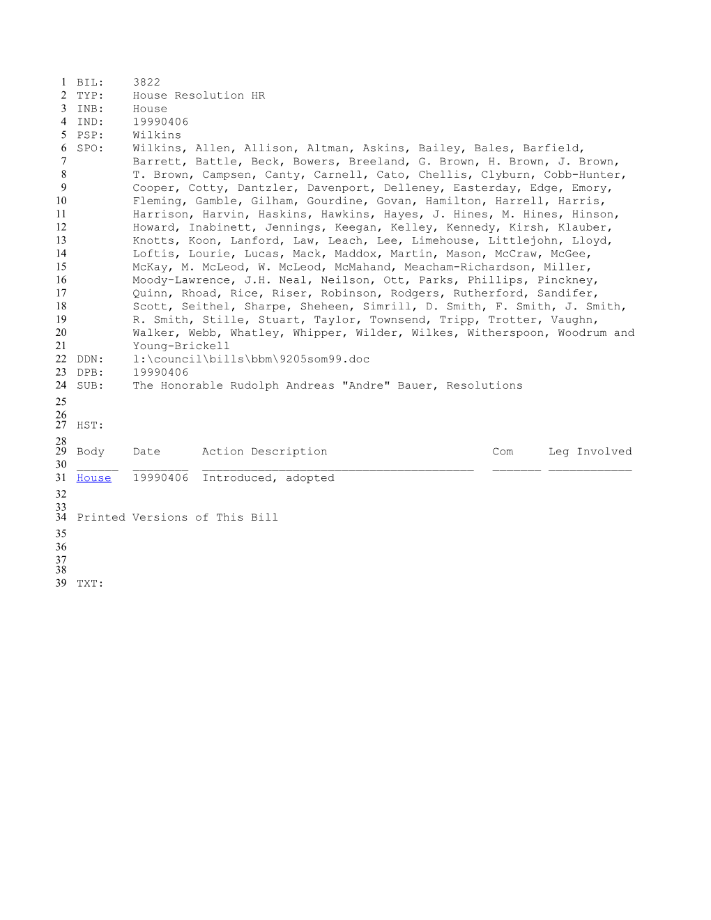 1999-2000 Bill 3822: the Honorable Rudolph Andreas Andre Bauer, Resolutions - South Carolina