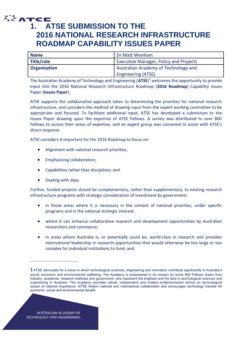 ATSE Submission to The2016 National Research Infrastructure Roadmap Capabilityissues Paper