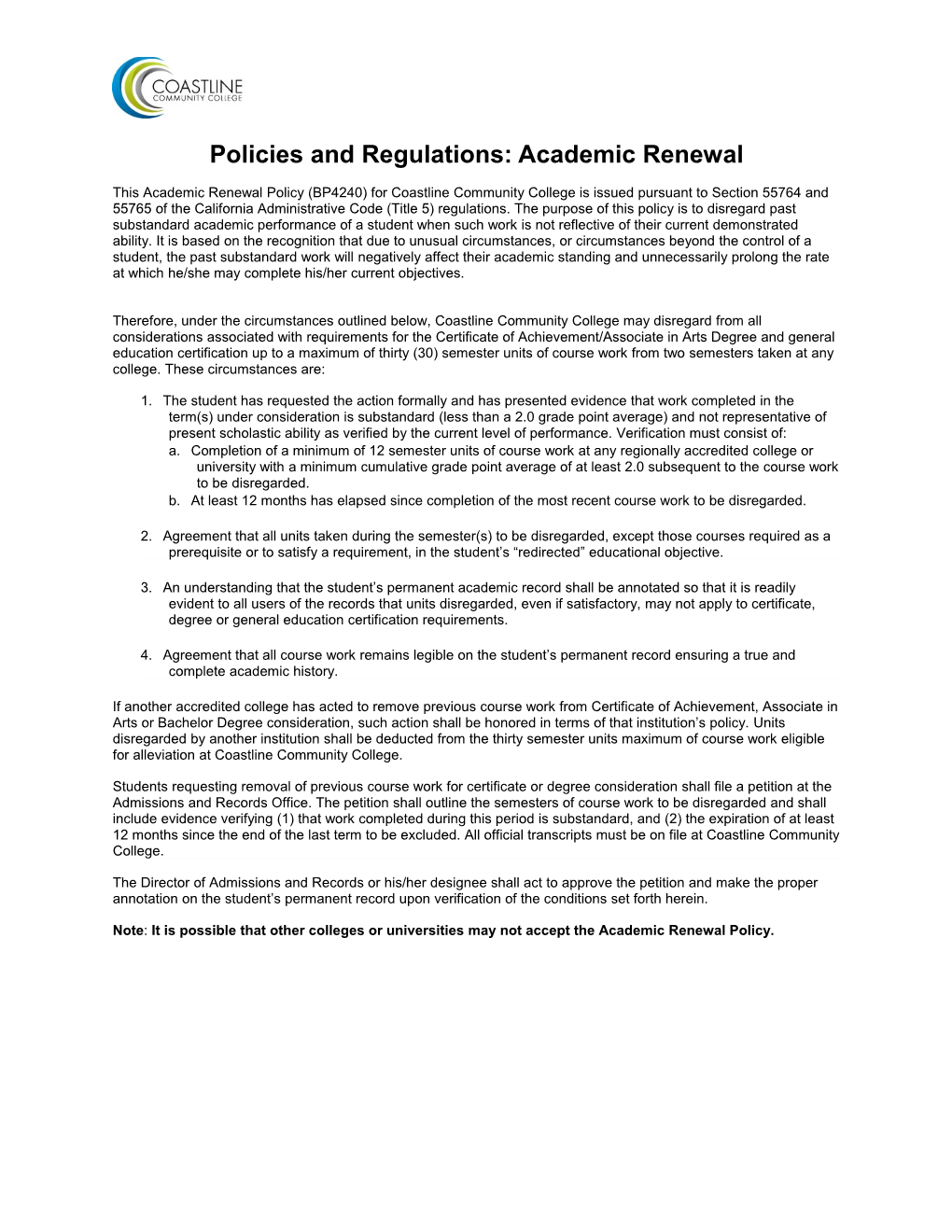 Policies and Regulations: Academic Renewal