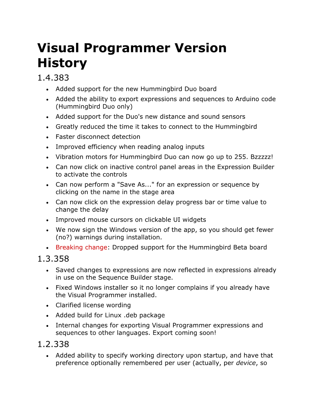 Visual Programmer Version History