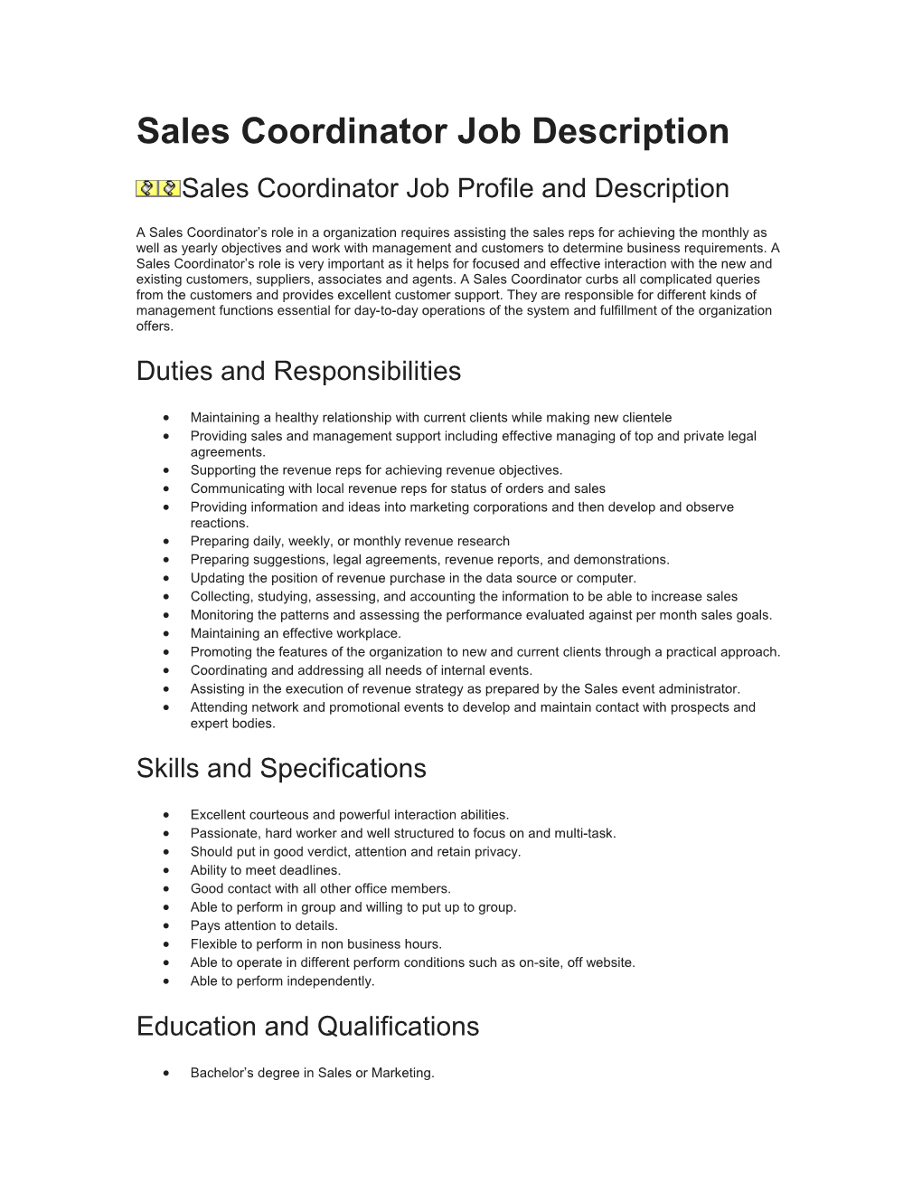 Sales Coordinator Job Description