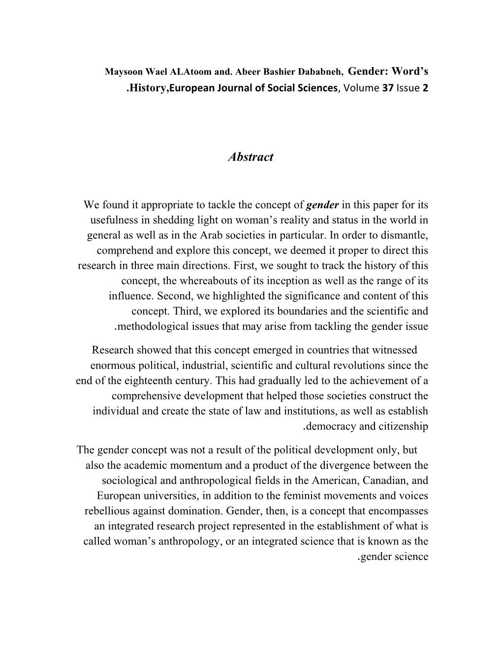 Maysoon Wael Alatoom And. Abeer Bashier Dababneh, Gender: Word S History,European Journal