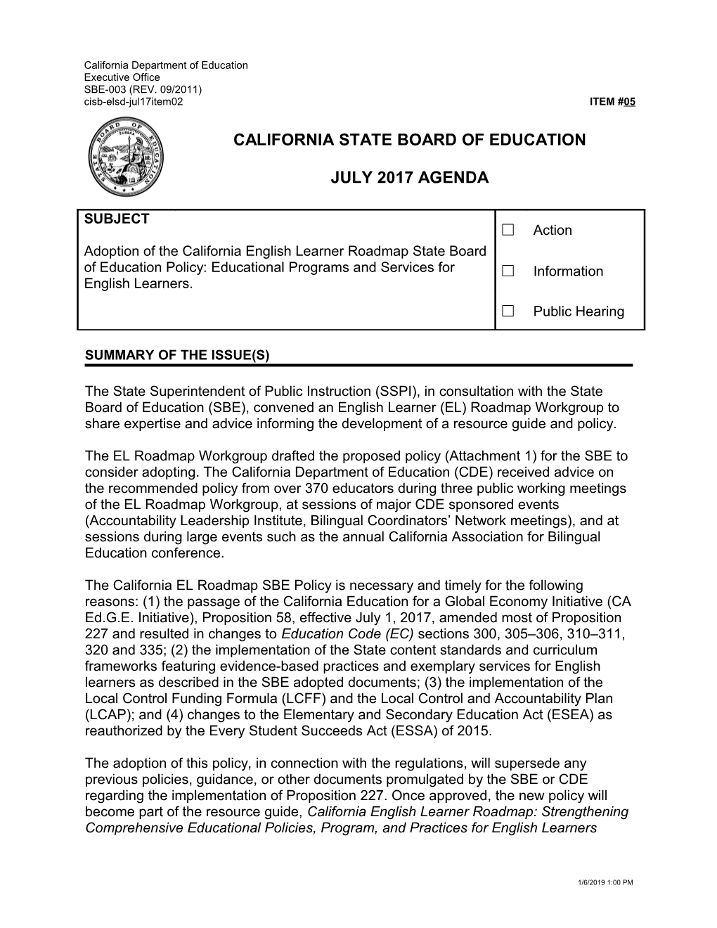 July 2017 Agenda Item 05 - Meeting Agendas (CA State Board of Education)