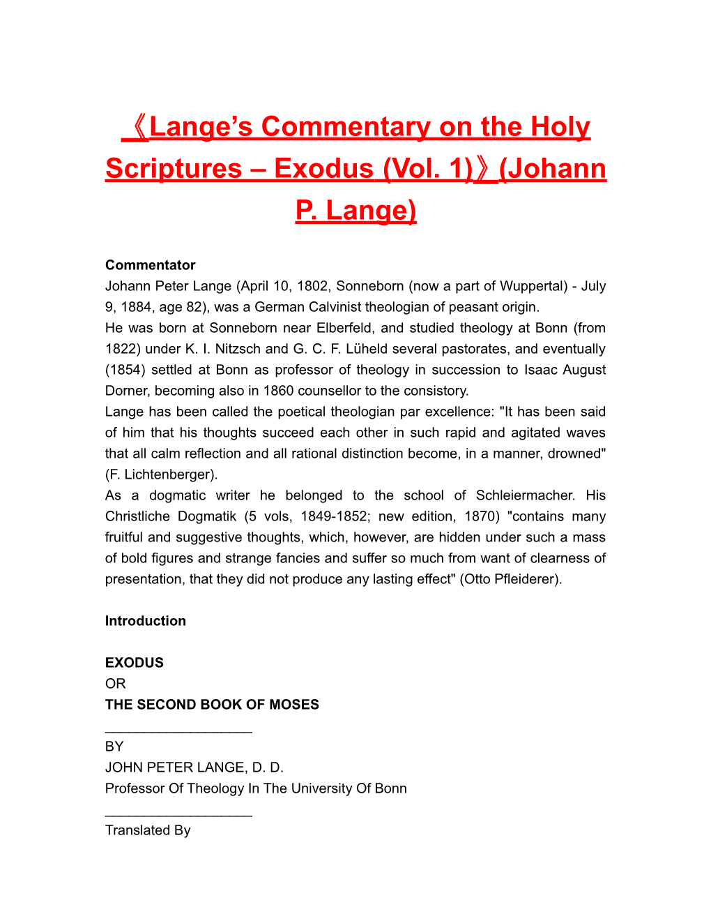 Lange S Commentary on the Holyscriptures Exodus (Vol. 1) (Johann P. Lange)
