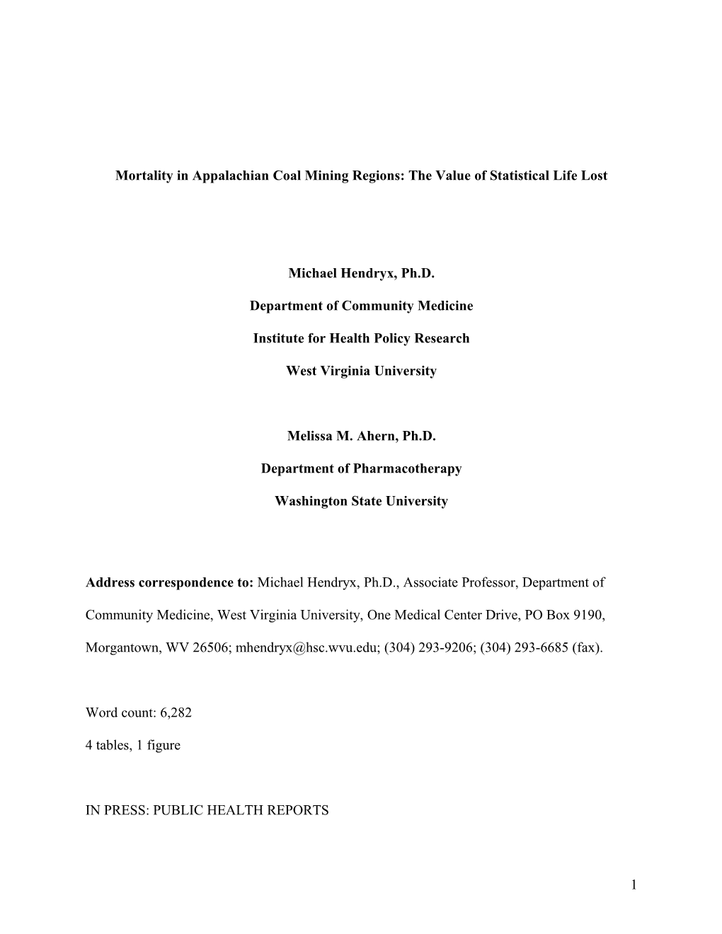 Mortality in Appalachian Coal Mining Regions: the Value of Statistical