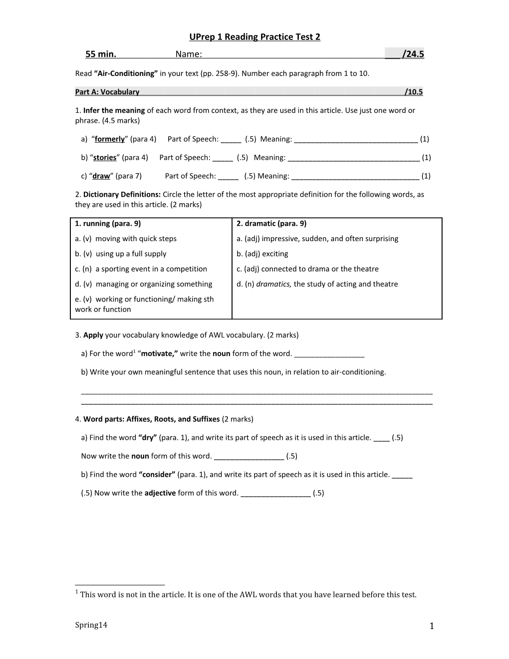 U-Prep 1 Reading Practice Test