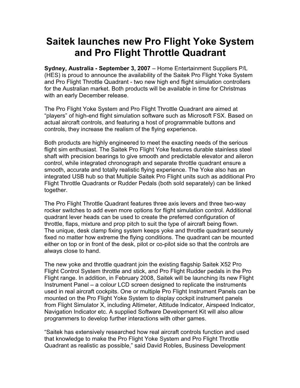 Saitek Launches New Pro Flight Yoke System and Pro Flight Throttle Quadrant