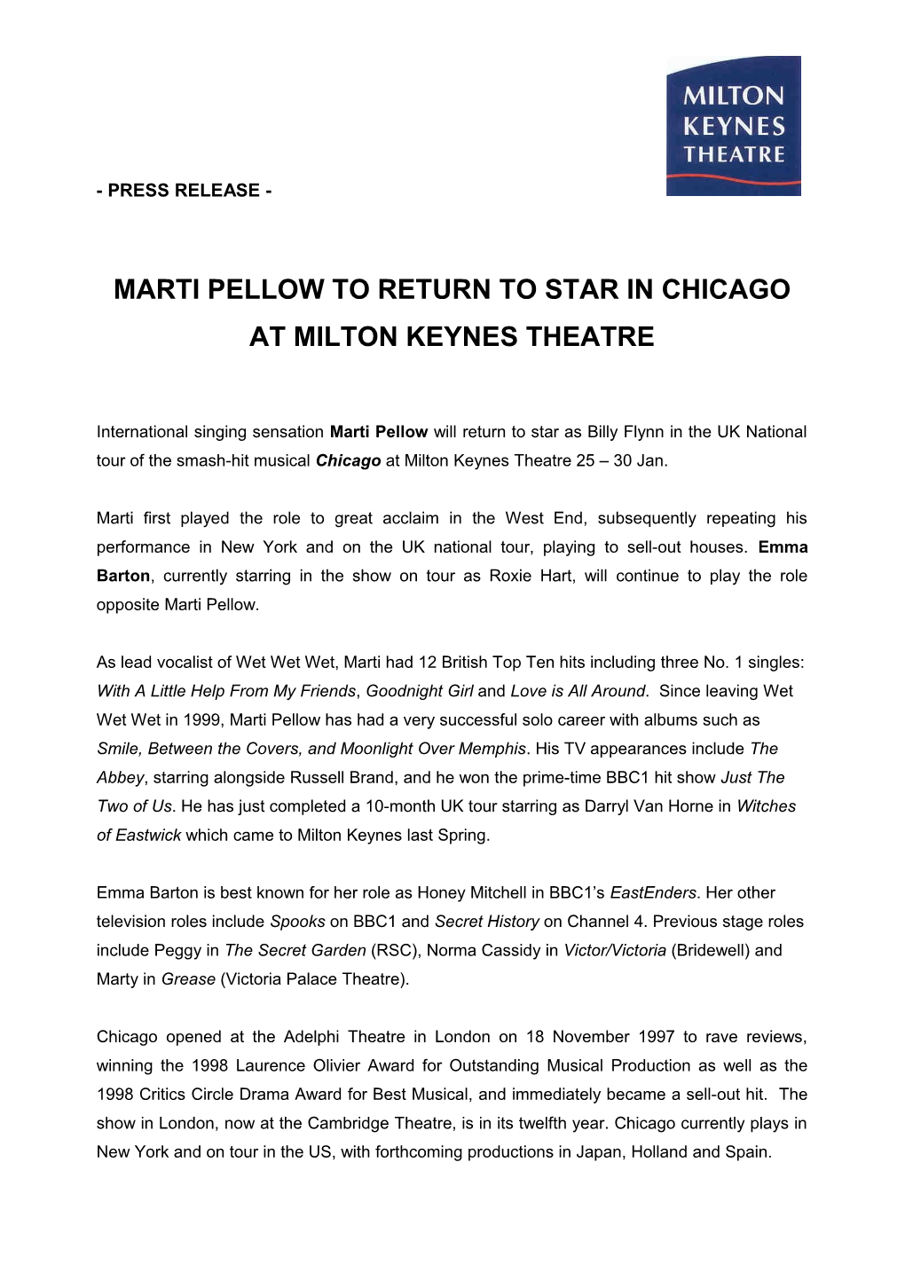 Marti Pellow to Return to Star in Chicago