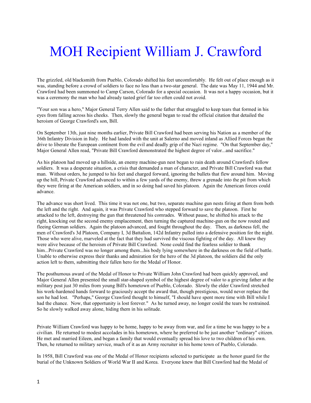 MOH Recipient William J. Crawford