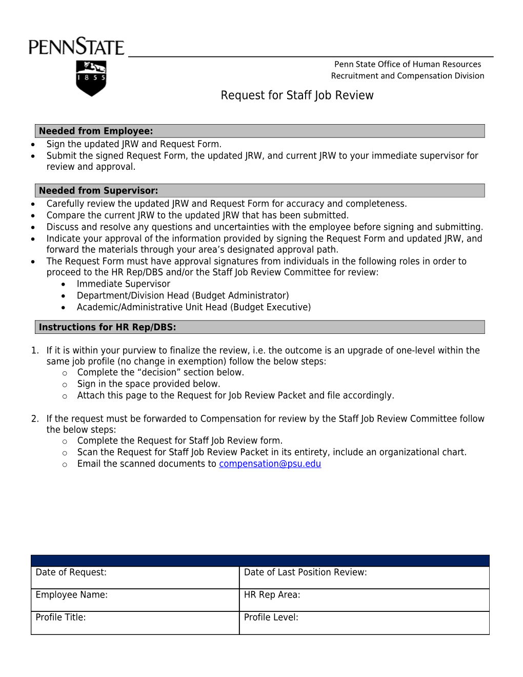 Request for Staff Job Review